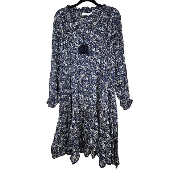 Roller Rabbit L Navy Blue Paisley Floral Boho Tassel Dress Long Sleeve Flutter - Picture 1 of 4